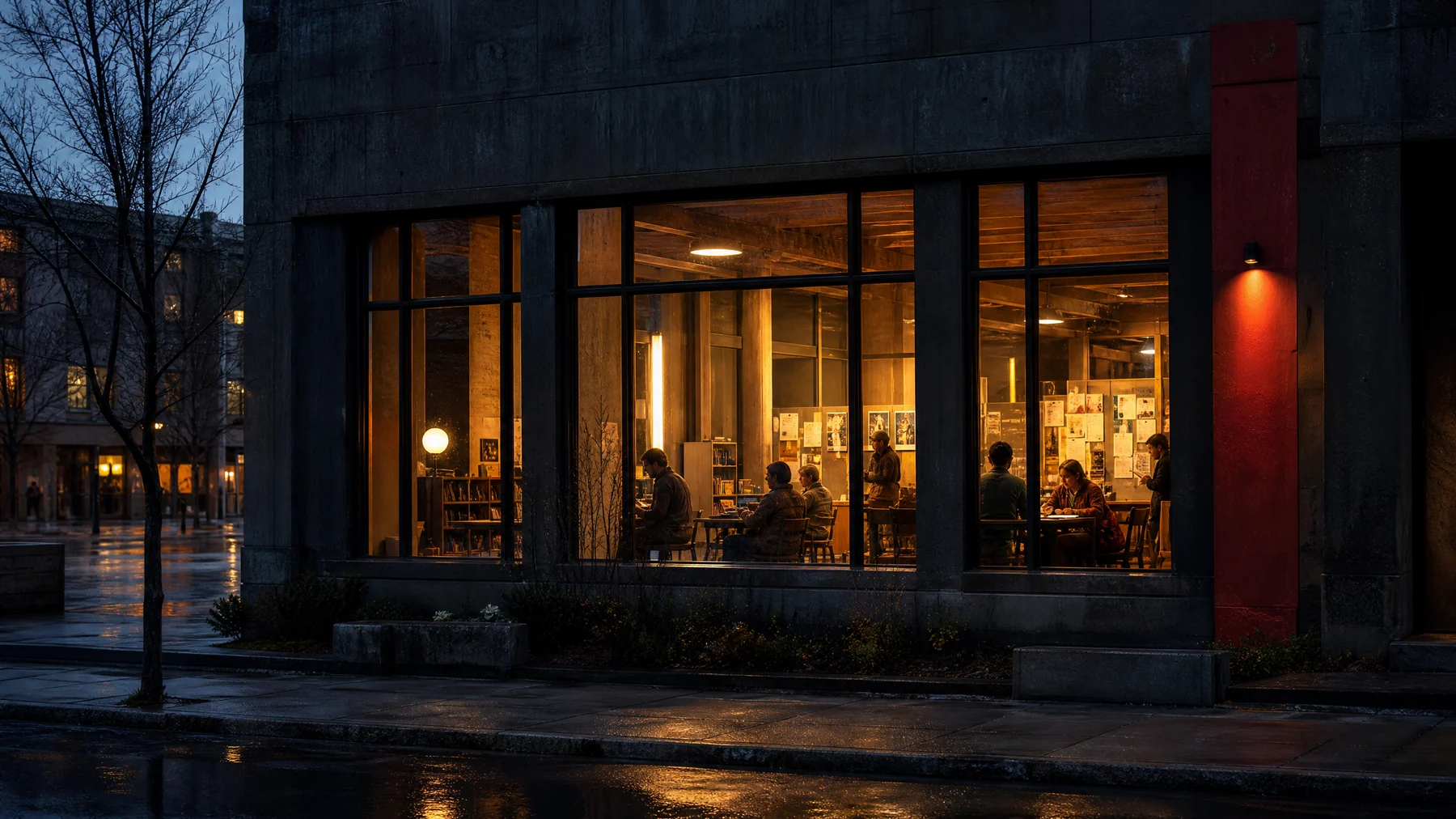 Community reading room glowing at twilight