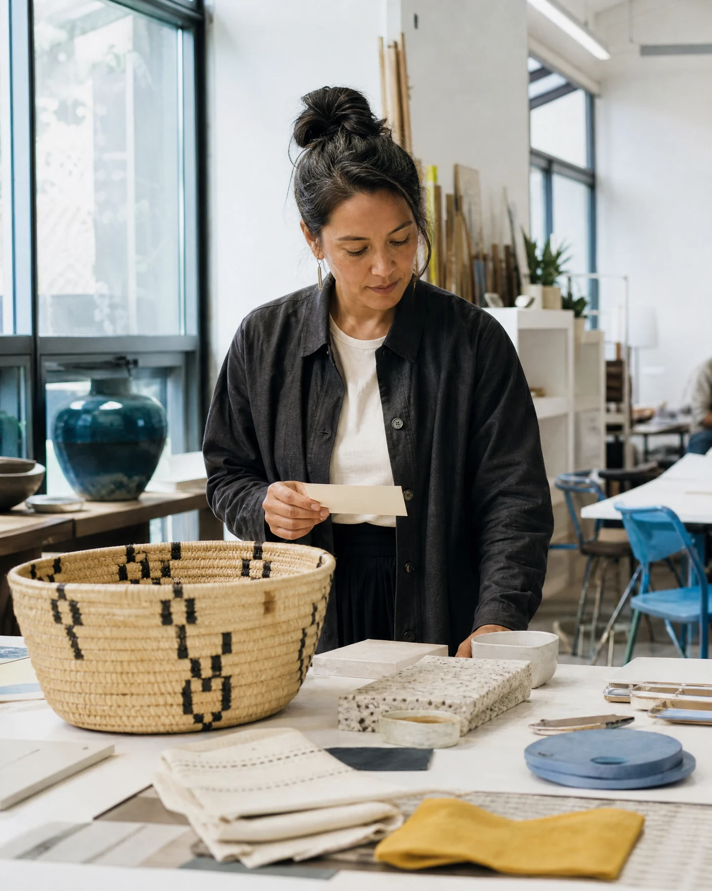 Professional reviewing a tangible project in a public craft space