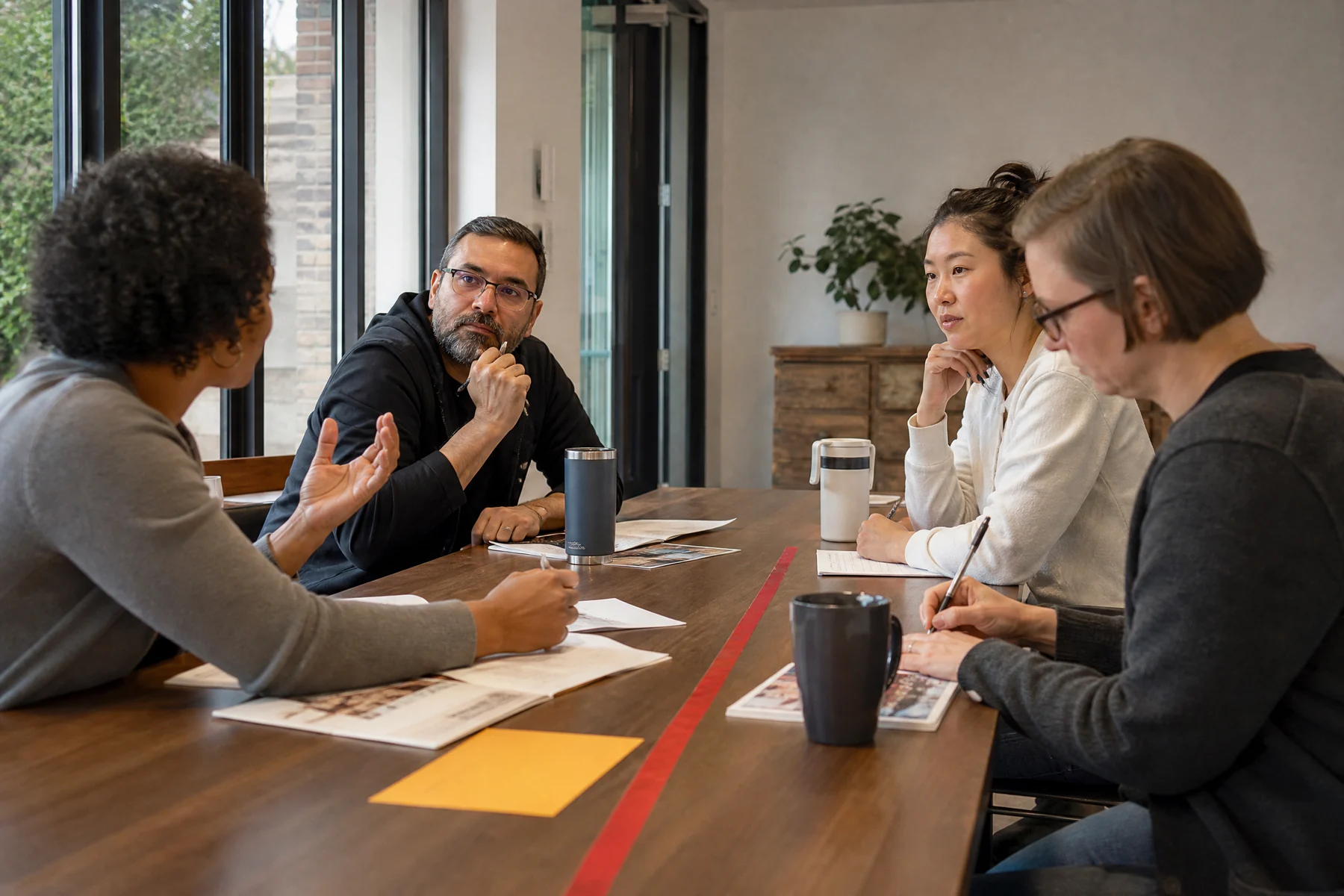 Peer group giving practical professional feedback around a table