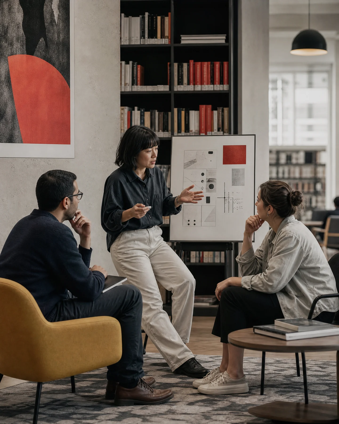 Professional sharing a concise work story to two peers