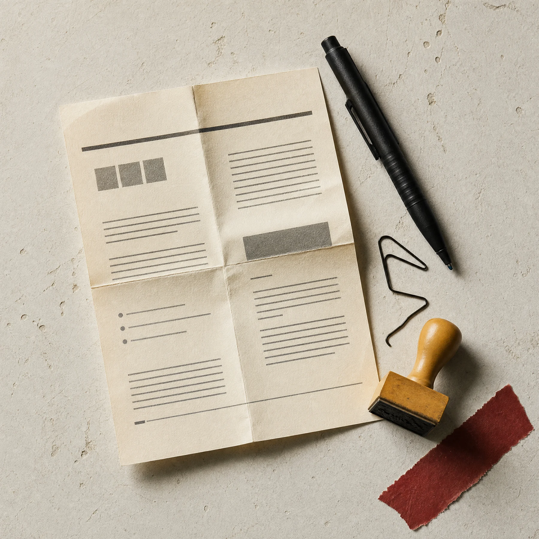Folded bulletin document, pen and coloured tape